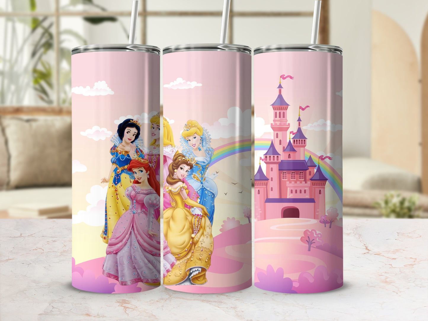 Princesses and Castle Design Tumbler Cup with Straw