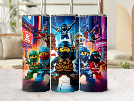 Three Ninjago tumblers with city backdrop and characters.