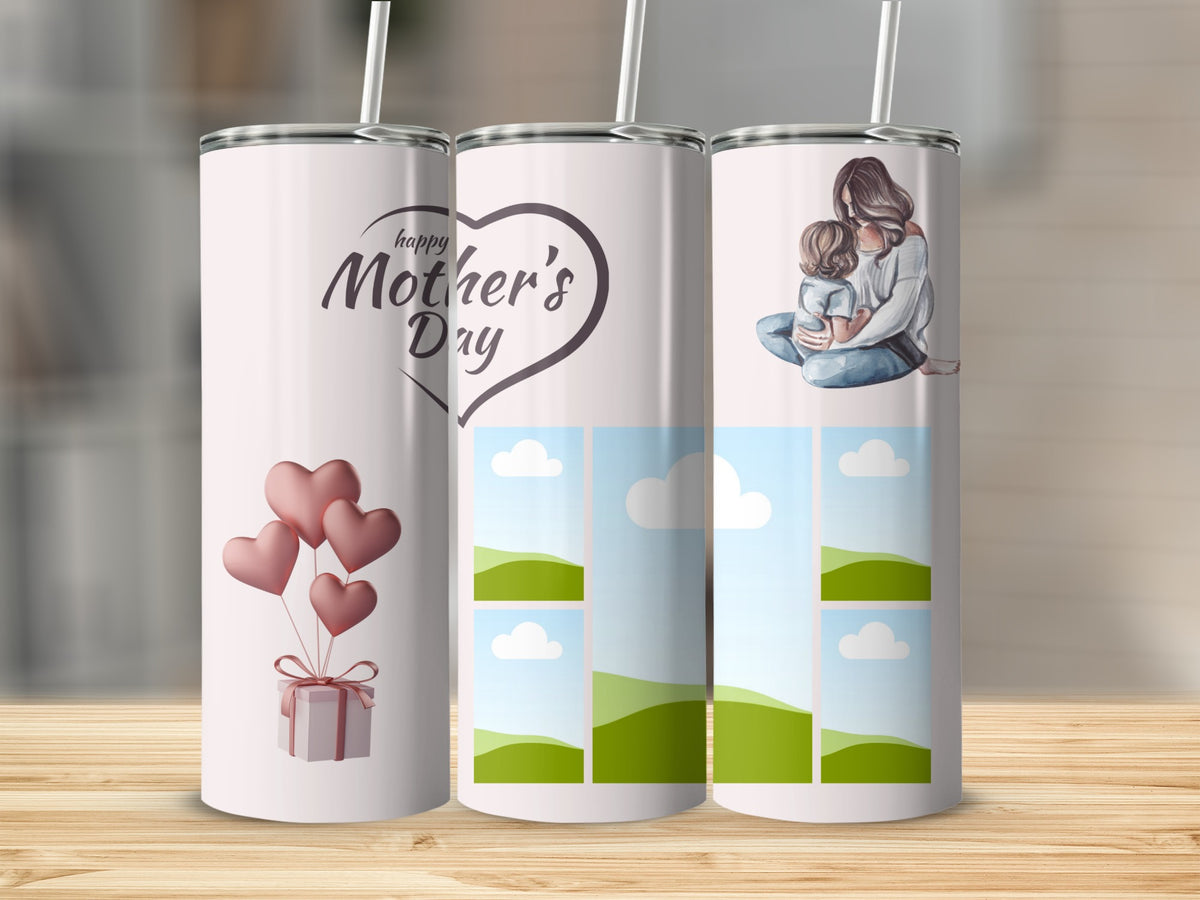 Mother's Day tumbler with heart balloons, heart outline, mother and child illustration, and photo frames.