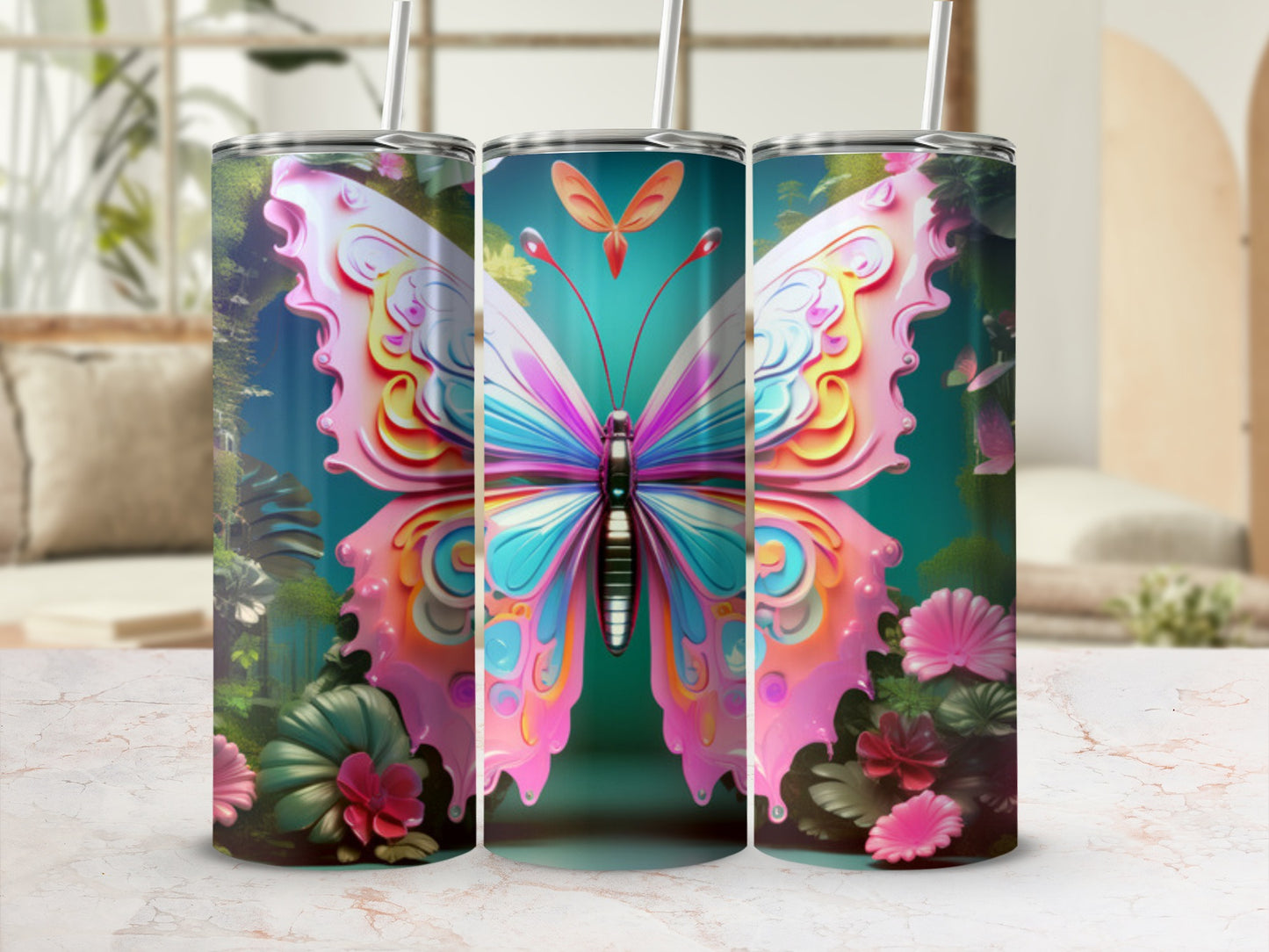Butterfly illustration on a pink and blue tumbler with floral accents.