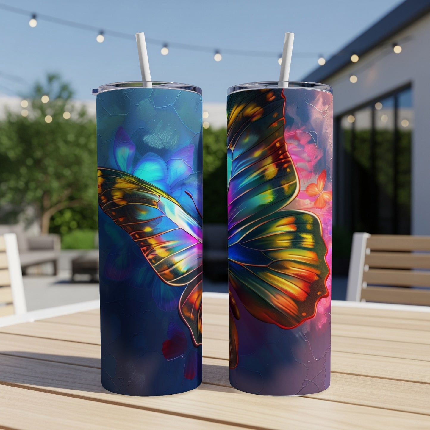 Two tall tumblers with colorful butterfly wings design.
