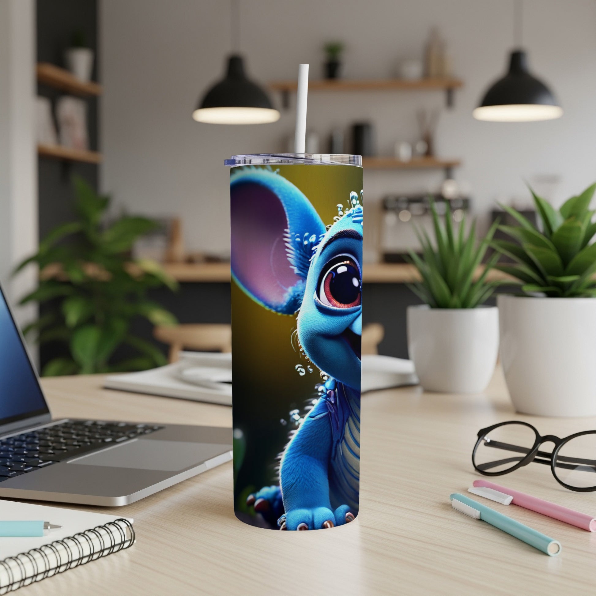Blue cartoon character with large eyes on a tumbler.