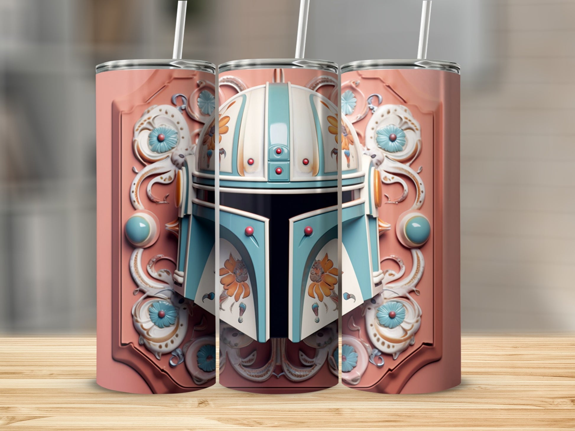 Florally Decorated Helmet Themed Drink Tumbler