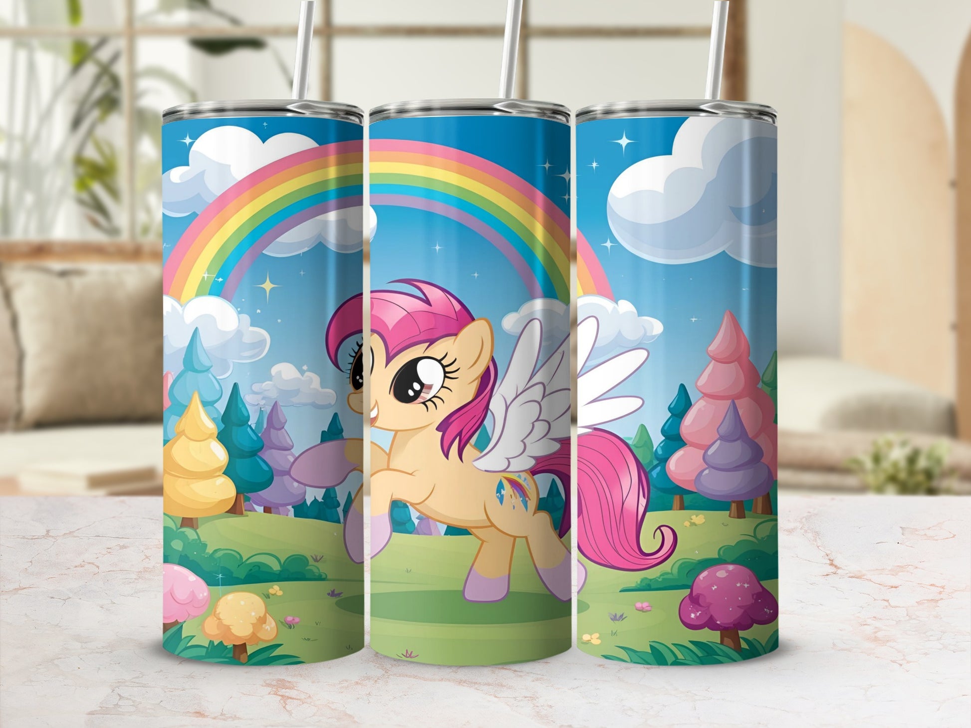 Pink winged pony with rainbow and clouds on a skinny tumbler.