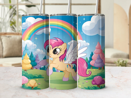Pink winged pony with rainbow and clouds on a skinny tumbler.