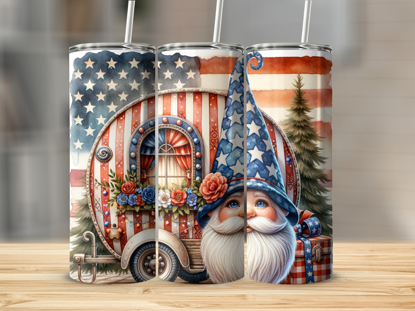 Red, white, and blue patriotic gnome with a starry hat and a vintage camper.