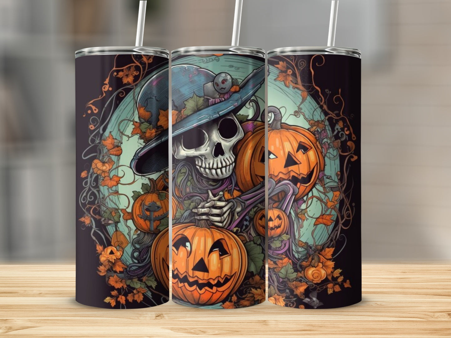 Skeleton in witch hat holding pumpkins surrounded by autumn leaves.