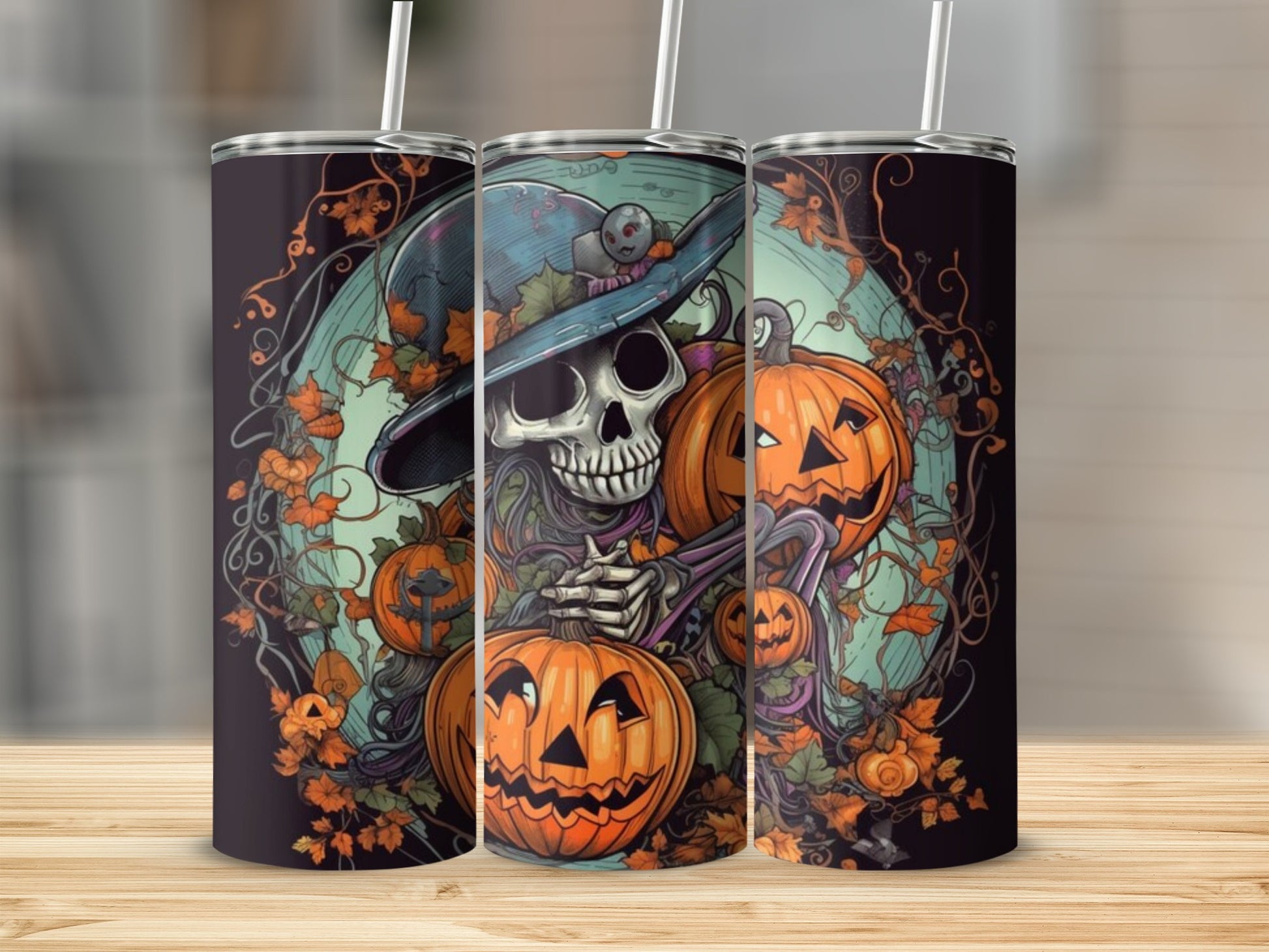 Skeleton in witch hat holding pumpkins surrounded by autumn leaves.