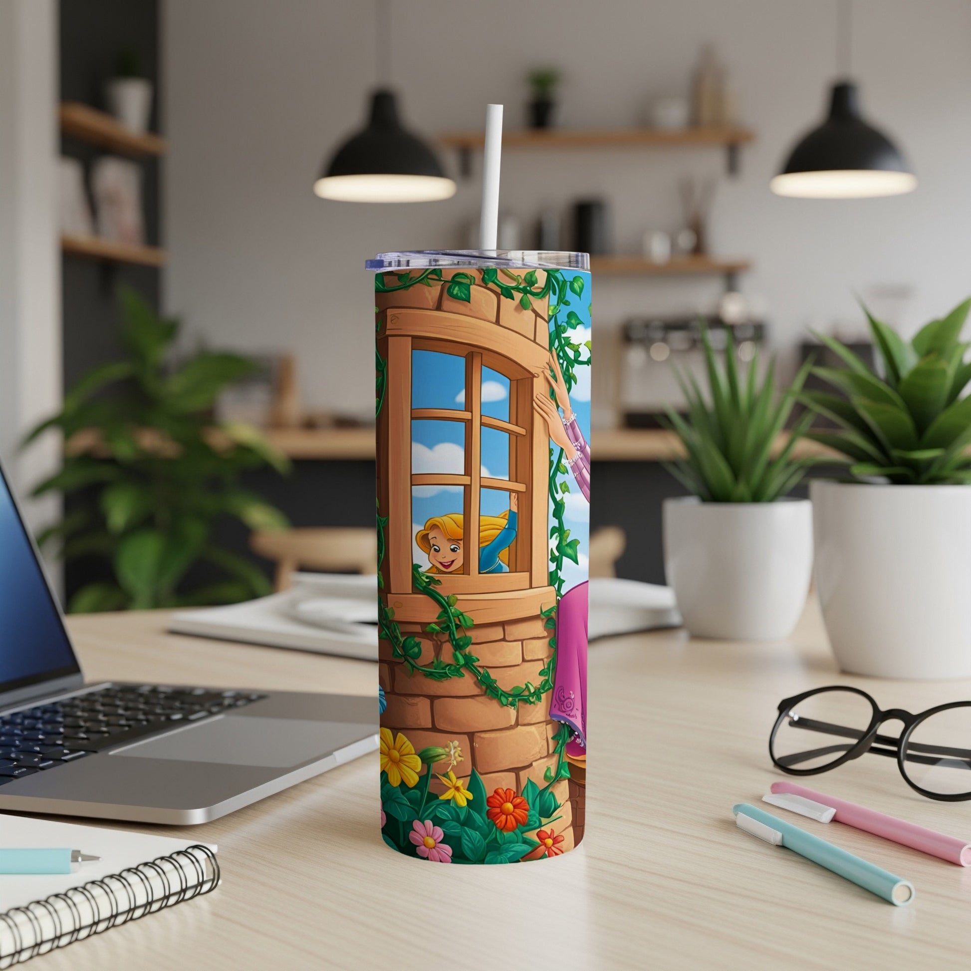 Tangled Rapunzel peeking from tower window on a floral tumbler.