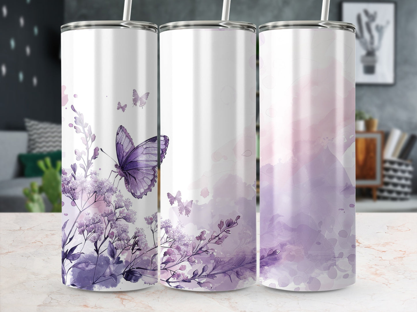 Three tumblers with purple butterfly and floral watercolor design.