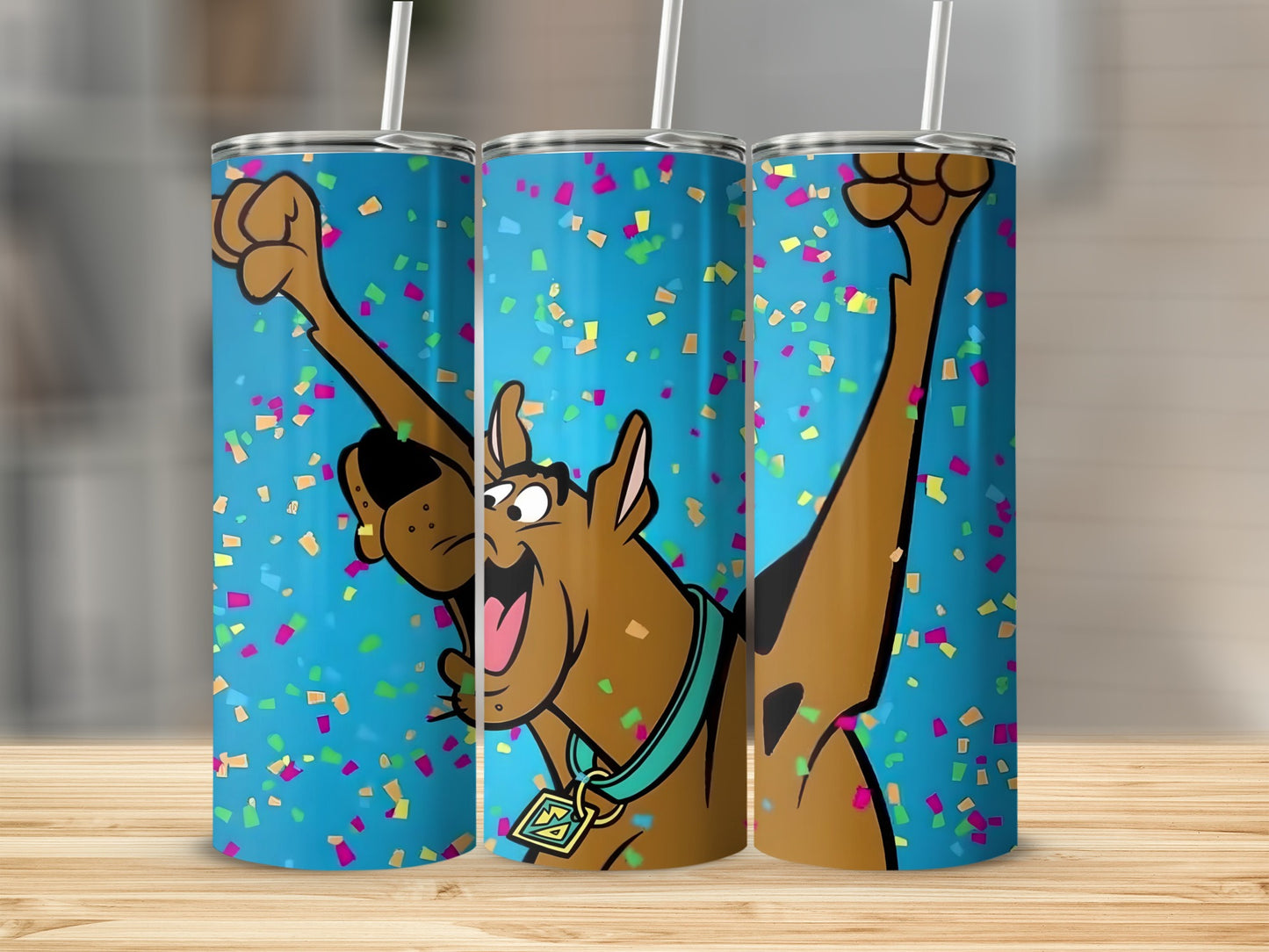 Scooby-Doo on a blue background with confetti, celebrating.