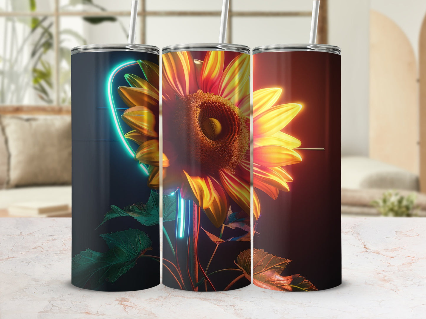 Sunflower on a tumbler with neon blue light accent.