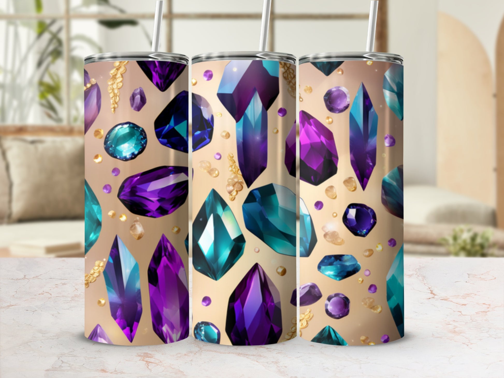 Tumbler with purple and teal gemstones and gold speckles.