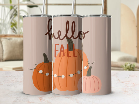 Three tall tumblers with pumpkins and "hello FALL" text on a light background.