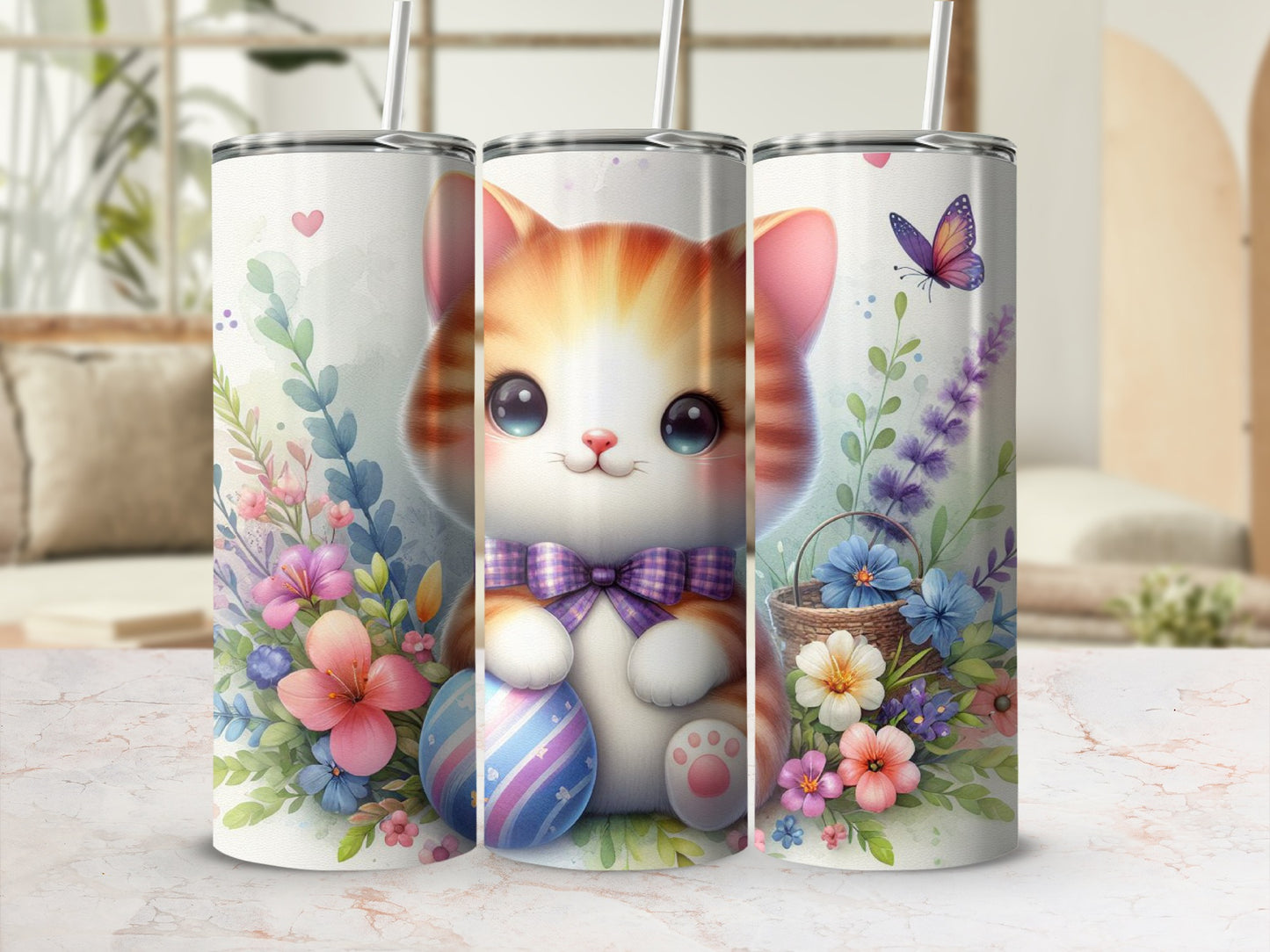Orange tabby kitten with blue eyes holding an Easter egg surrounded by flowers.