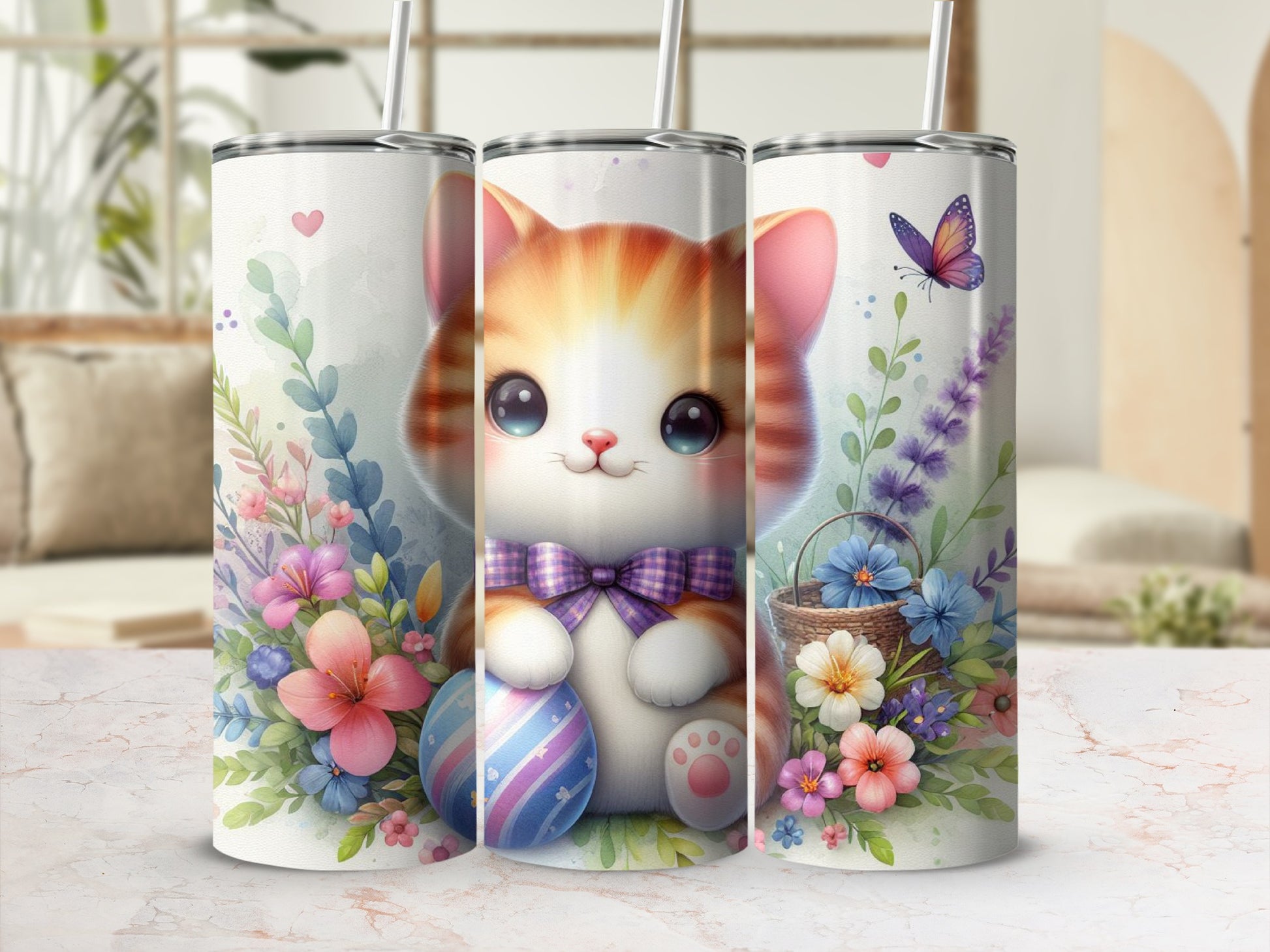 Orange tabby kitten with blue eyes holding an Easter egg surrounded by flowers.
