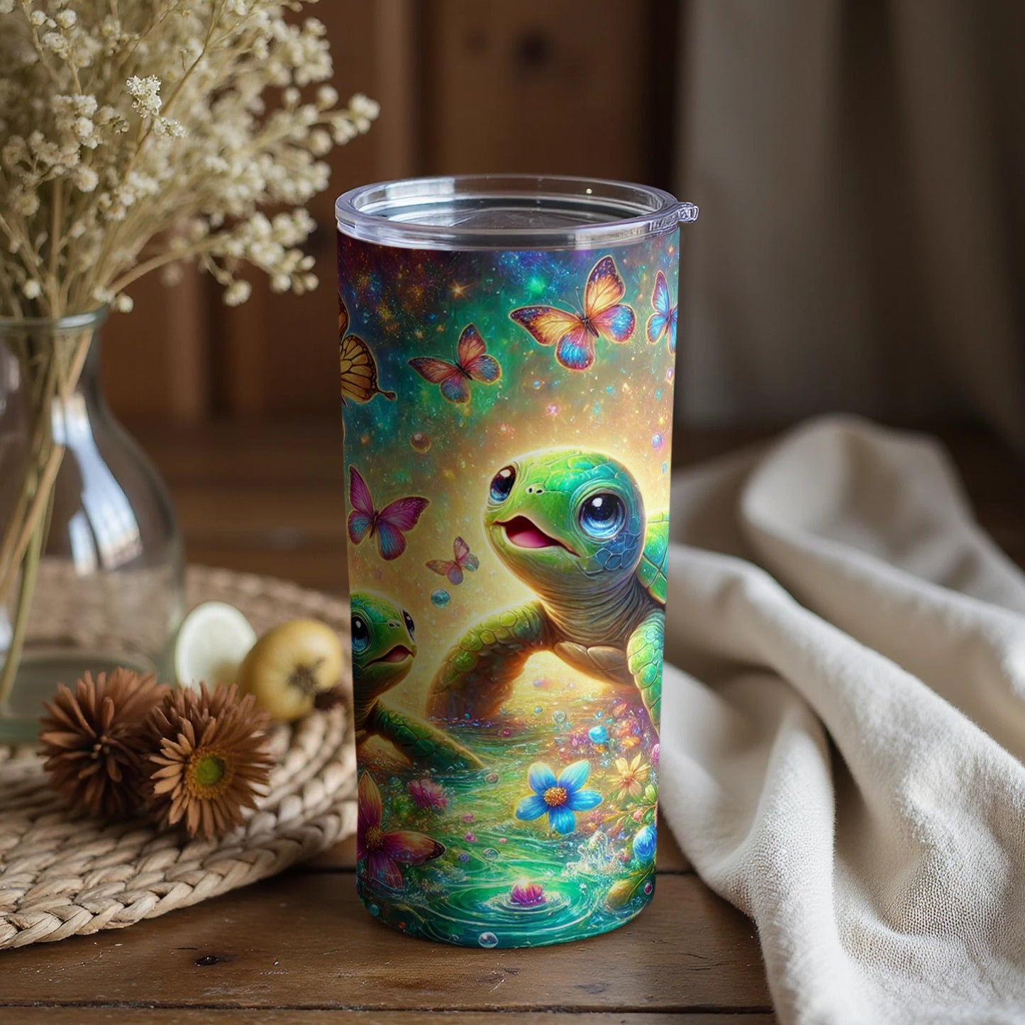 Colorful Turtle and Butterflies Tumbler Cup