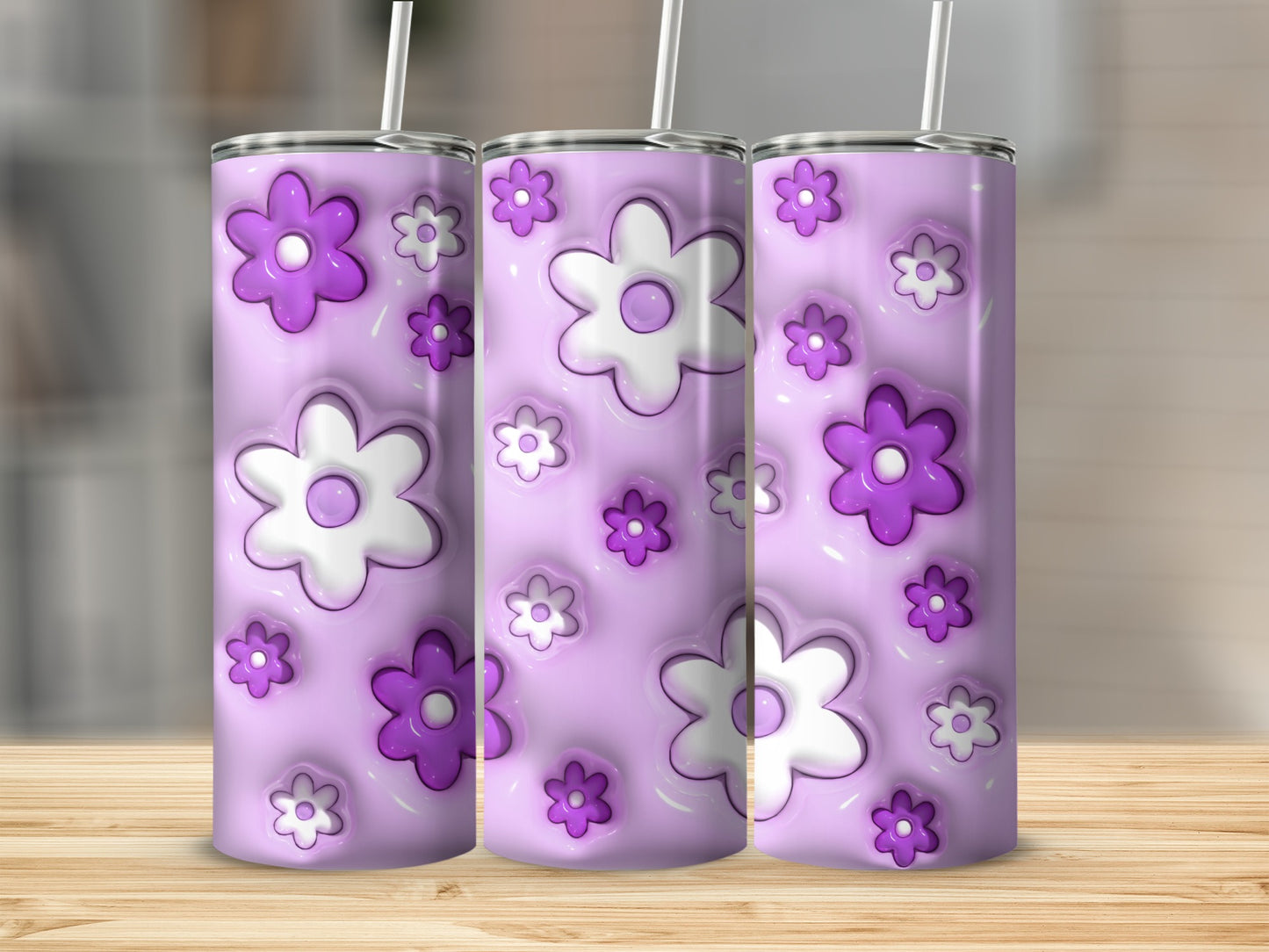 Purple and White Floral Design Reusable Drink Tumbler
