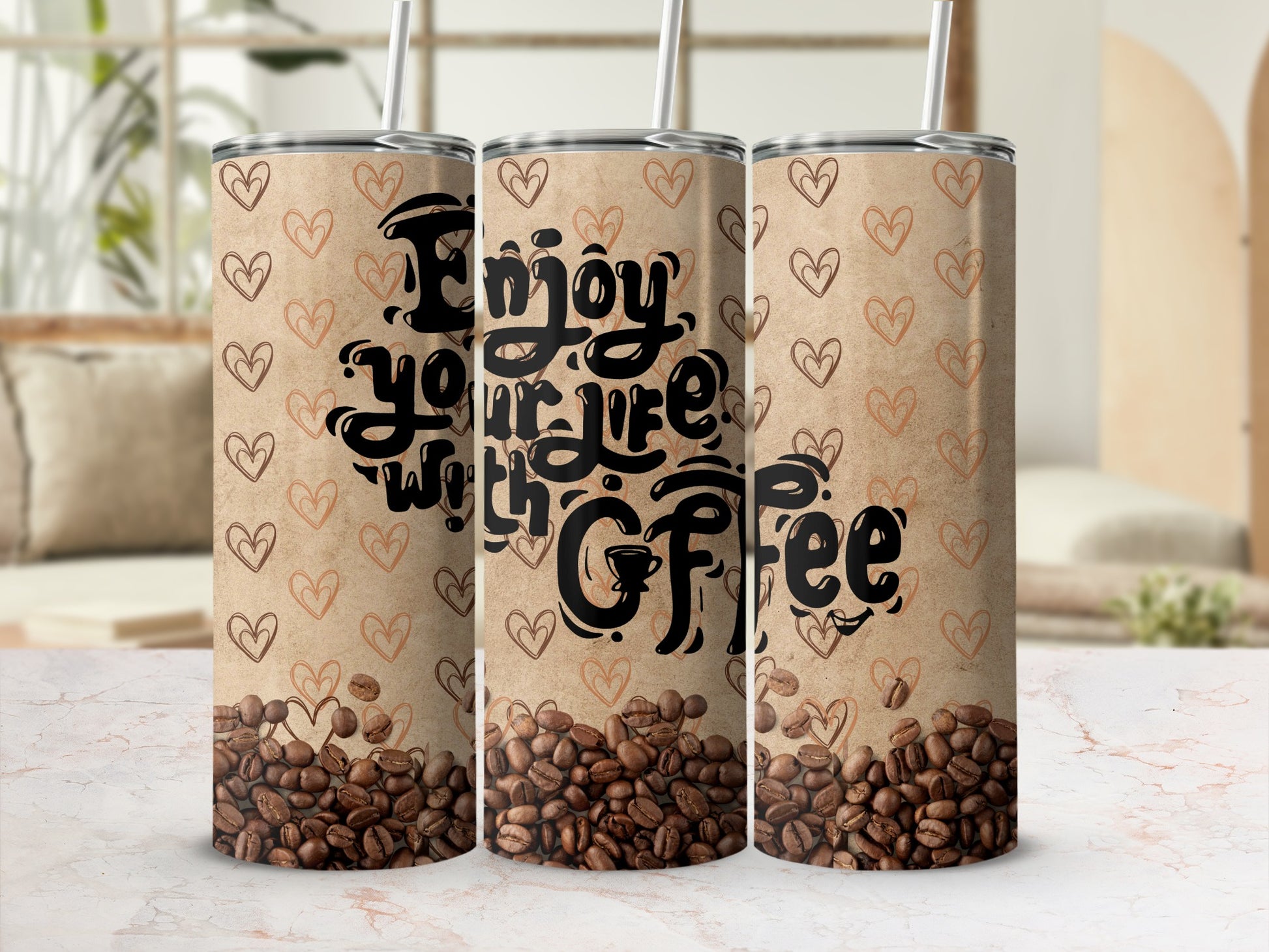 Coffee Lover's Heart Design Tumbler with Straw