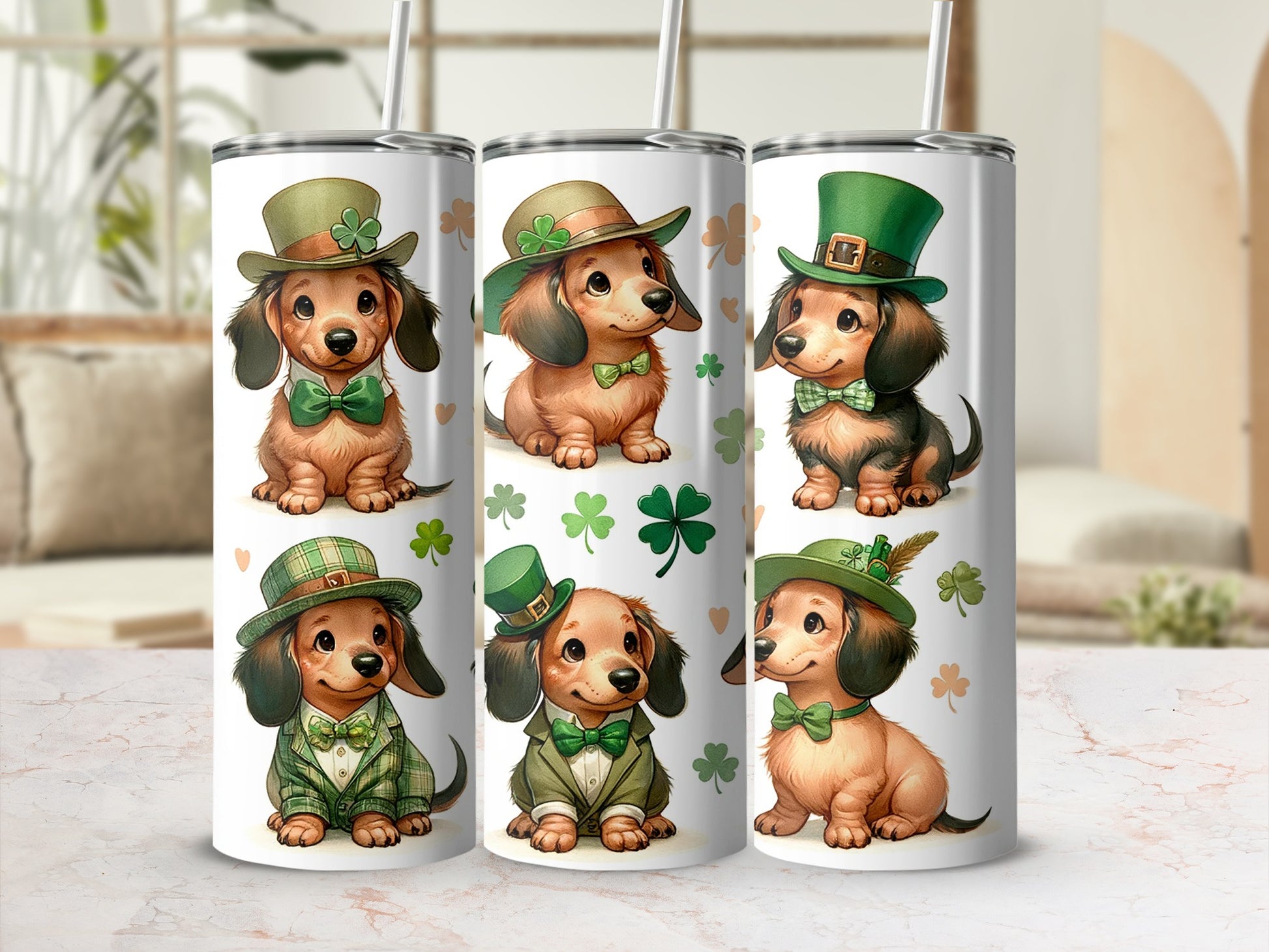 Dachshunds in St. Patrick's Day hats and bow ties, one holding a shamrock.