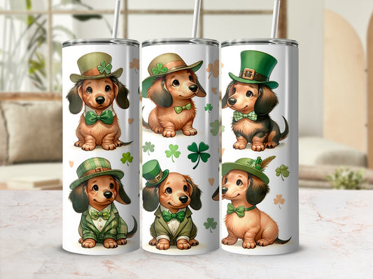 Dachshunds in St. Patrick's Day hats and bow ties, one holding a shamrock.