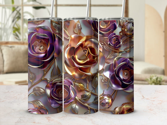 Three metallic rose tumblers with floral vine accents.