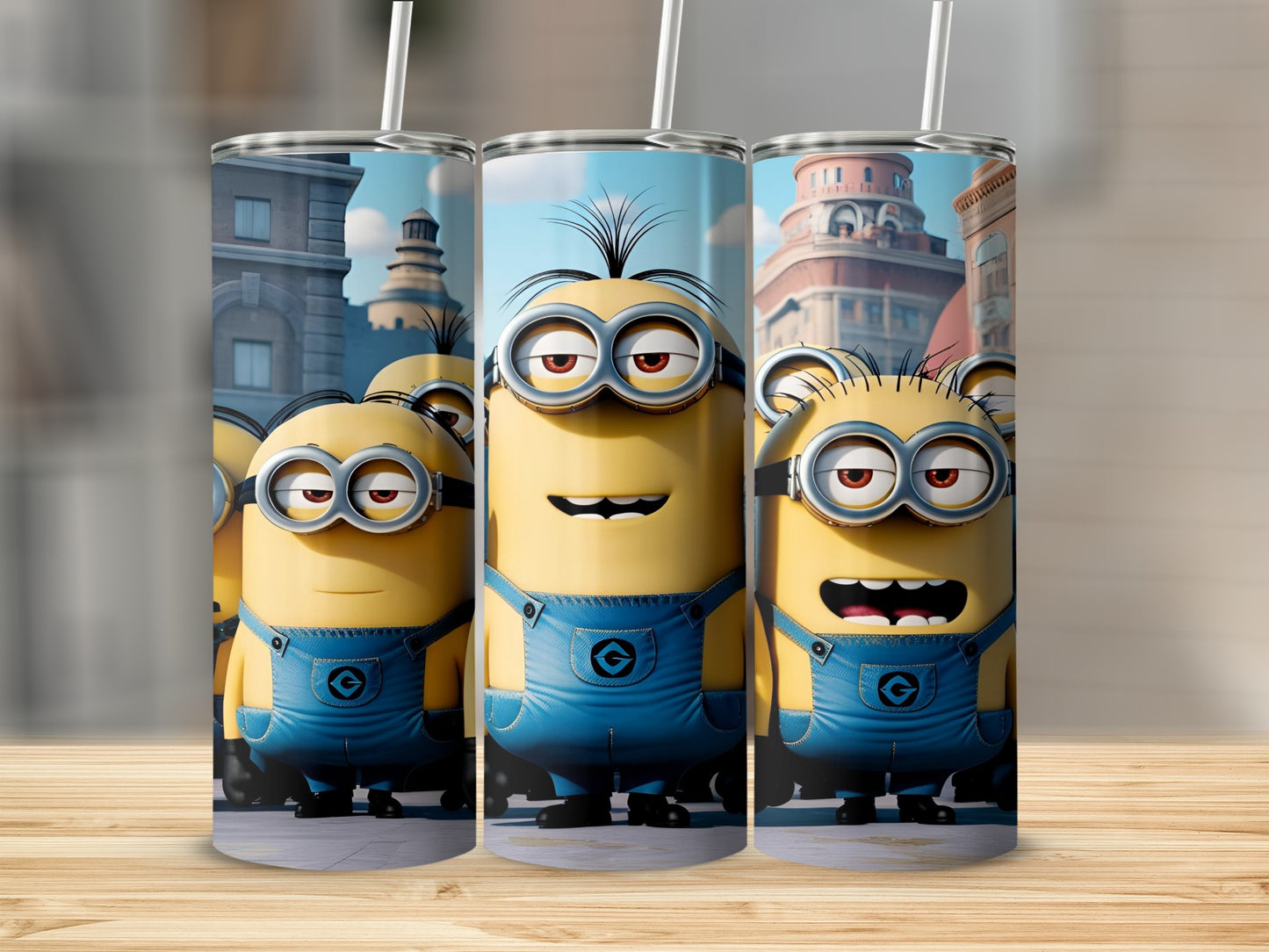 Three Minions in blue overalls with straws in their heads.