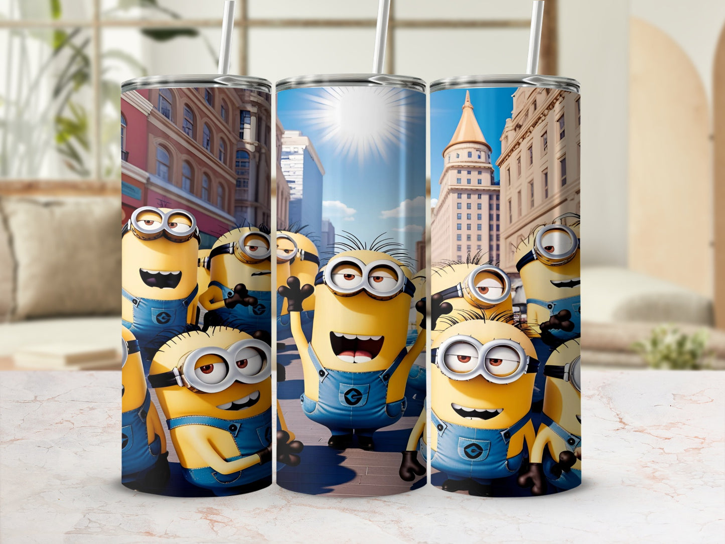 Minions in blue overalls with goggles smiling and cheering on a city street.