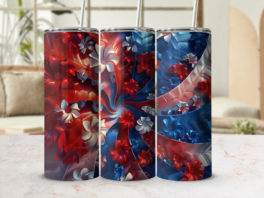 Three tumblers with red, white, and blue floral abstract pattern and straws.