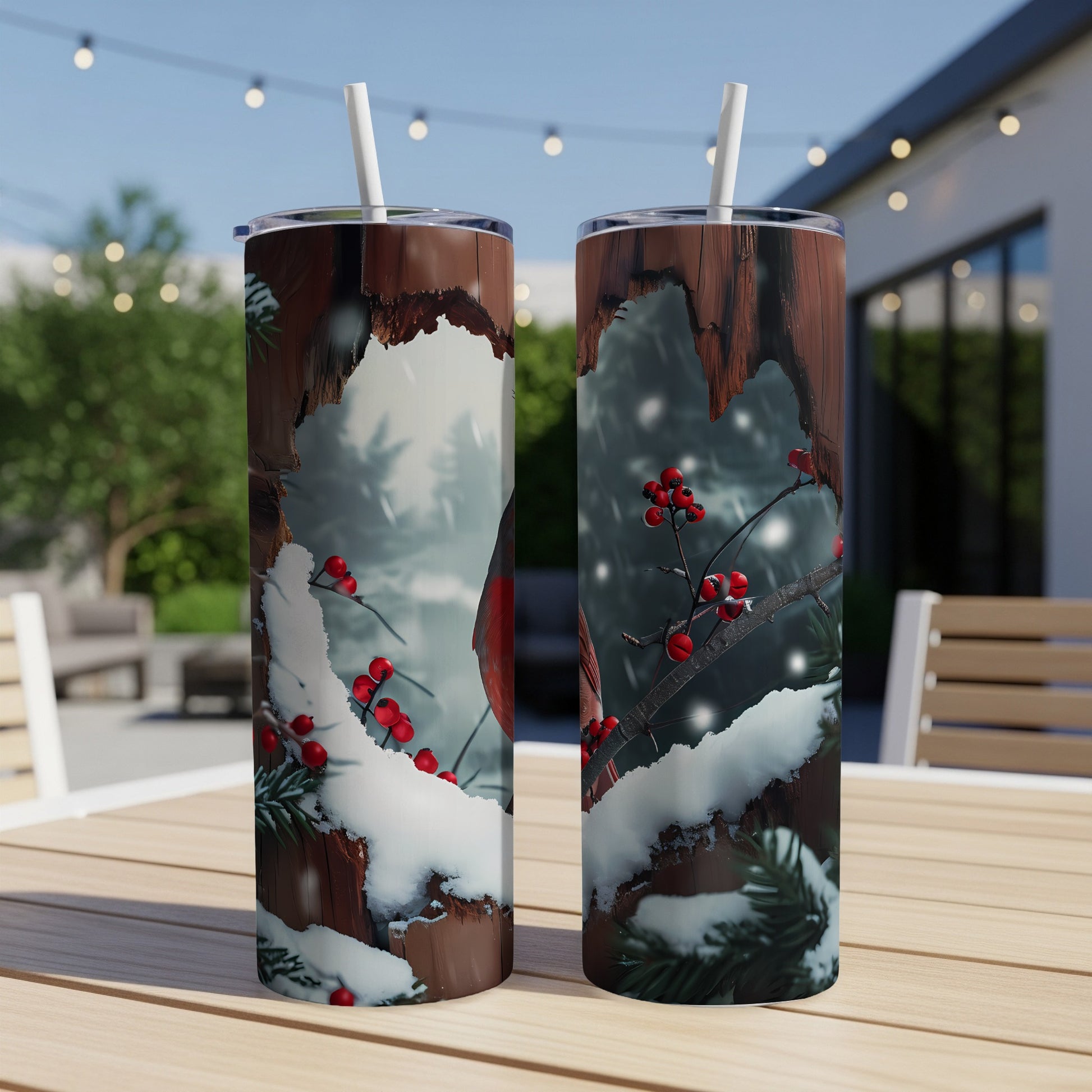 Two tumblers with a cardinal on a snowy branch design.