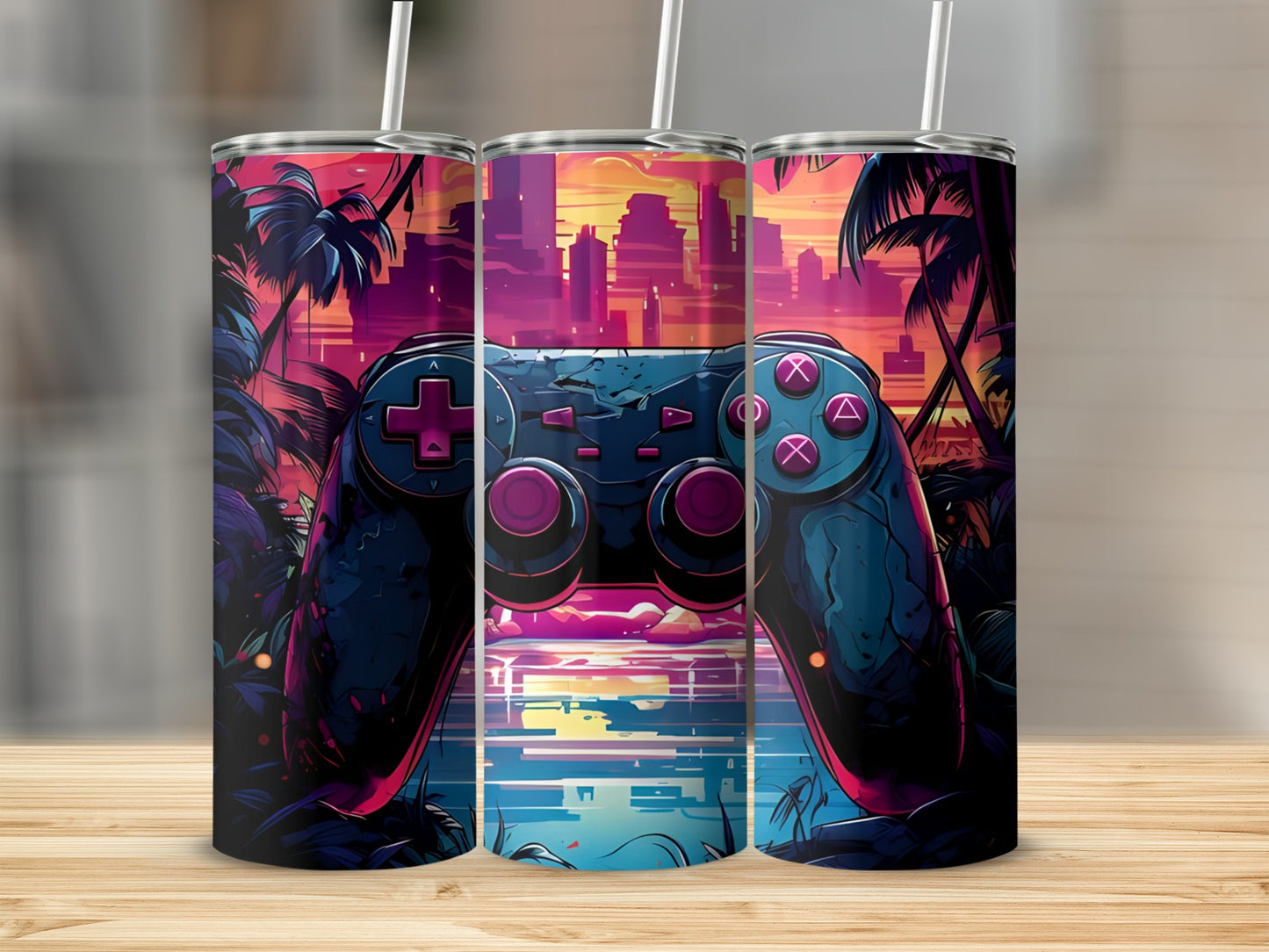 Retro game controller with vibrant sunset cityscape and palm trees.