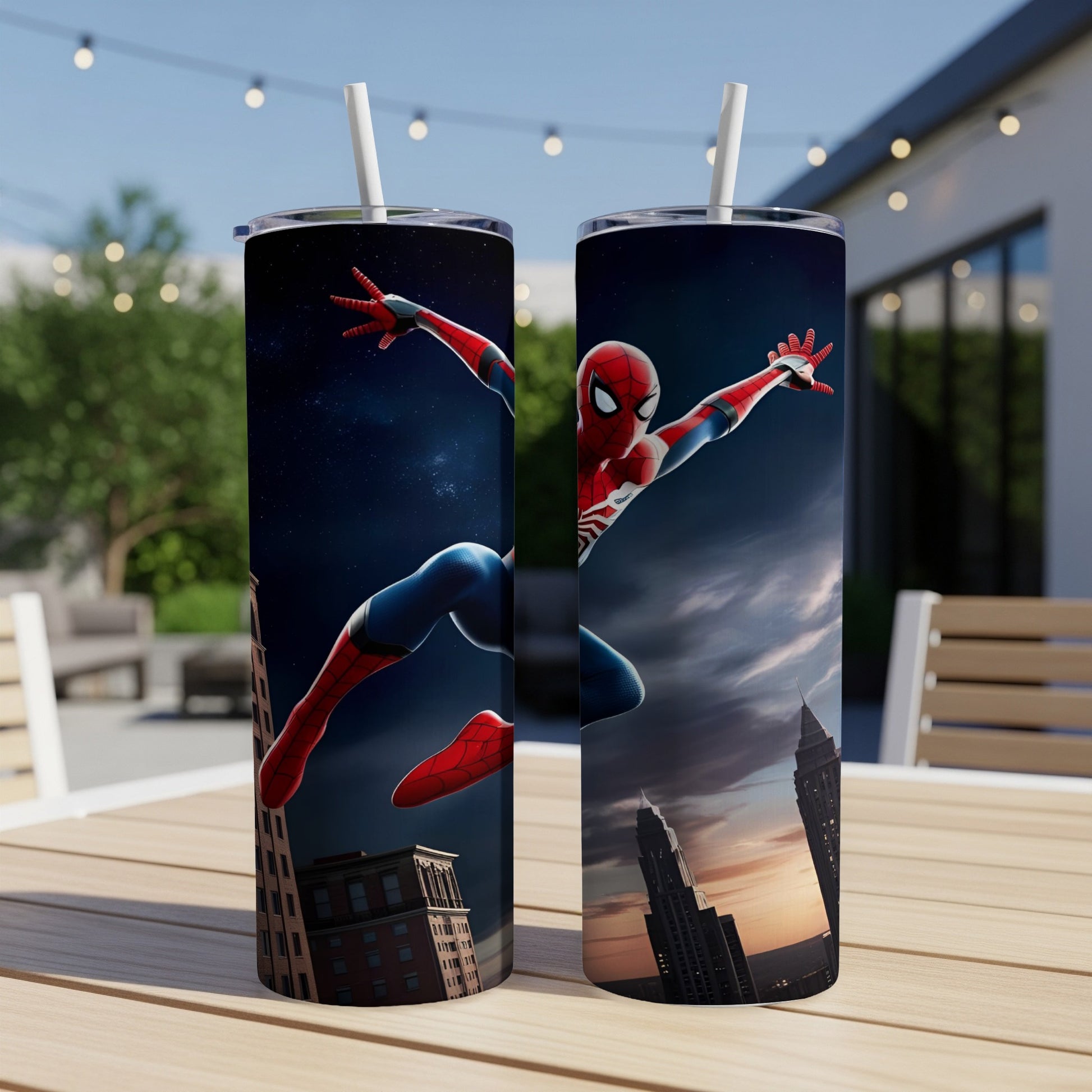 Spider-Man in action in front of a city skyline at sunset.