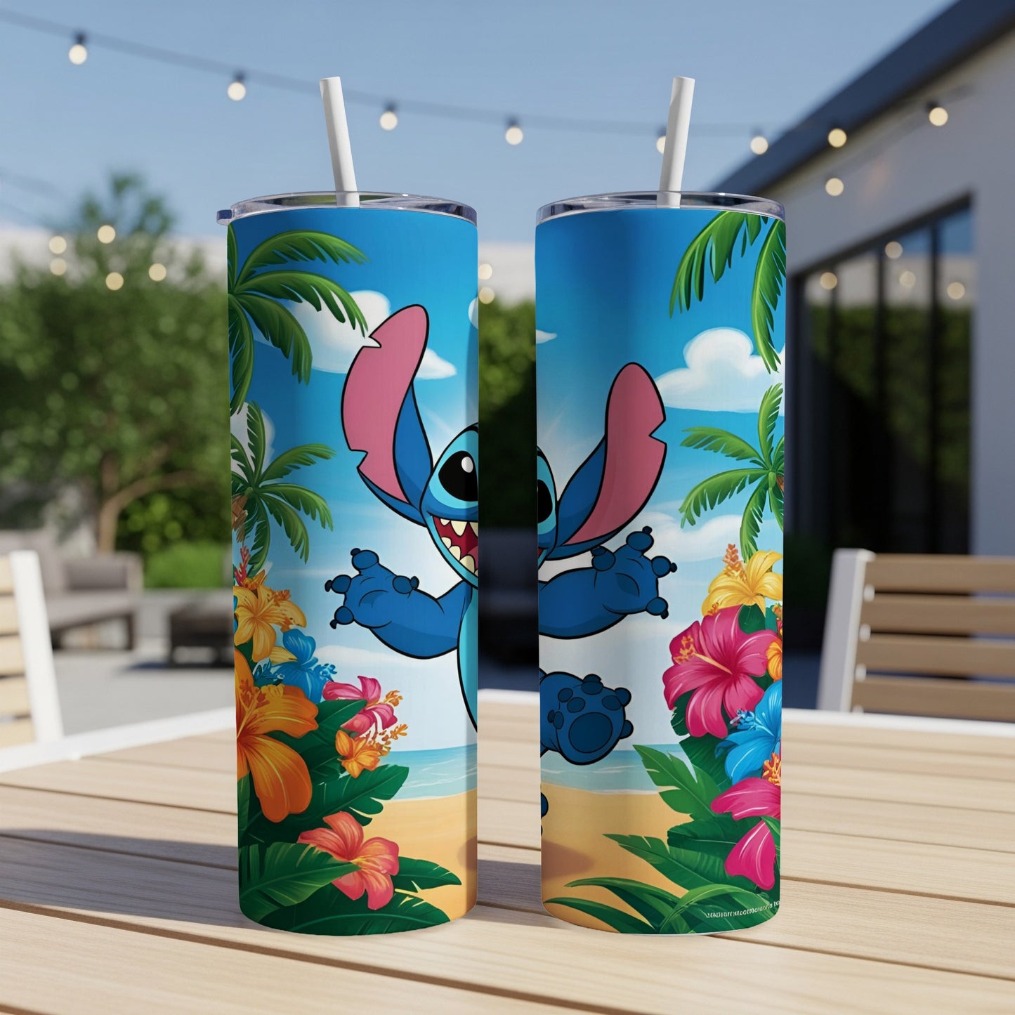 Stitch from Lilo & Stitch on a tropical beach, holding up his arms.