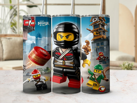 Lego Ninjago tumbler with characters Kai, Jay, and Nya in action poses.