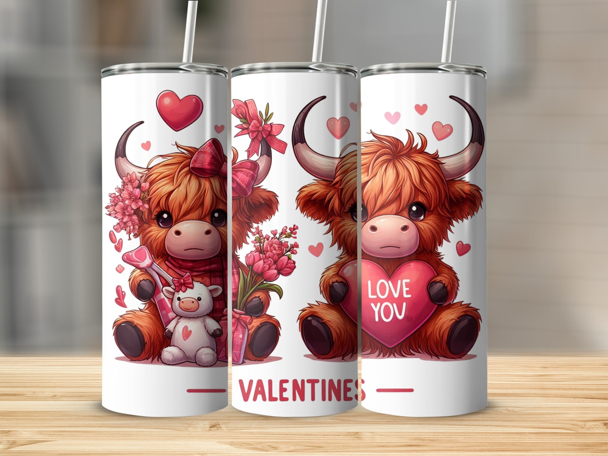 Three Valentine's themed tumblers with fuzzy cows holding hearts and stuffed animals.