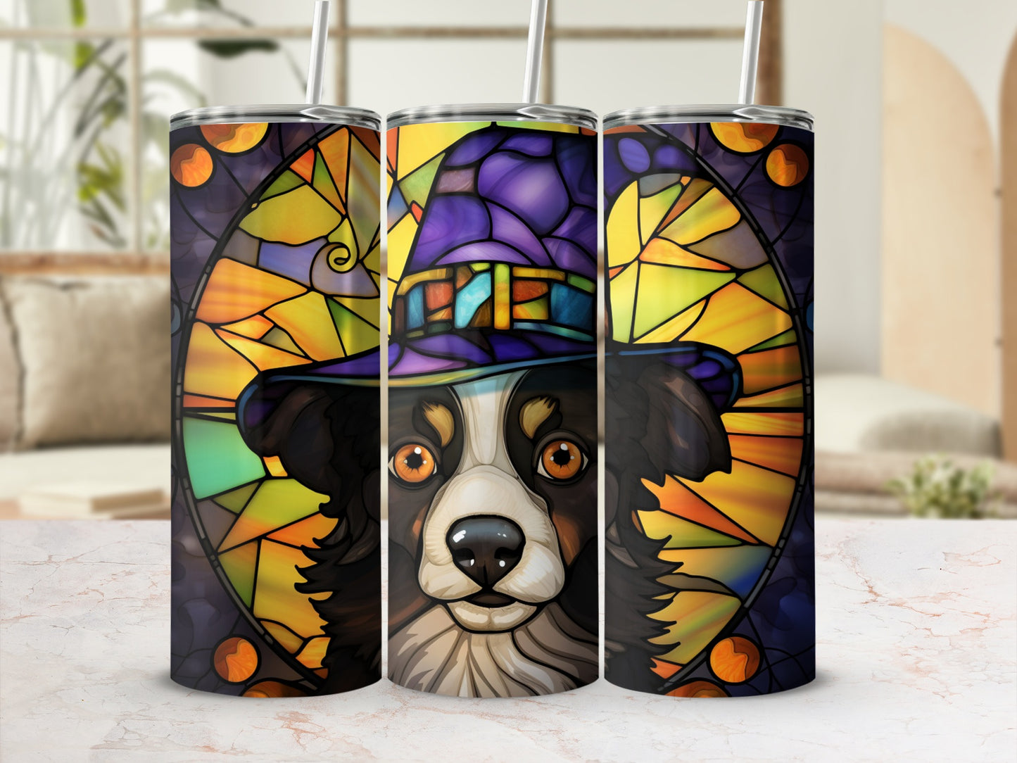 Stained glass style tumbler with dog wearing a witch hat.