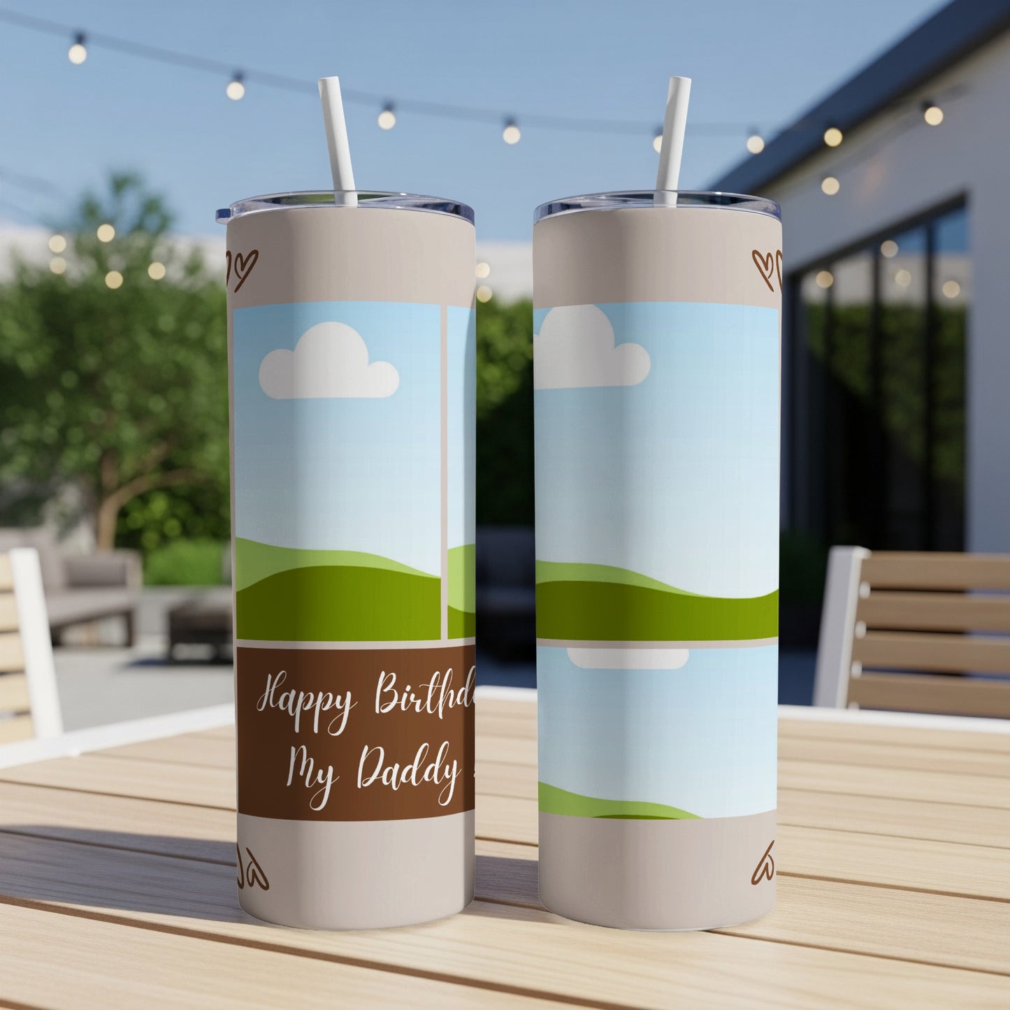 Two tumblers with "Happy Birthday My Daddy" text on a landscape background.