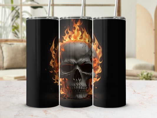 Black tumbler with a flaming skull design.