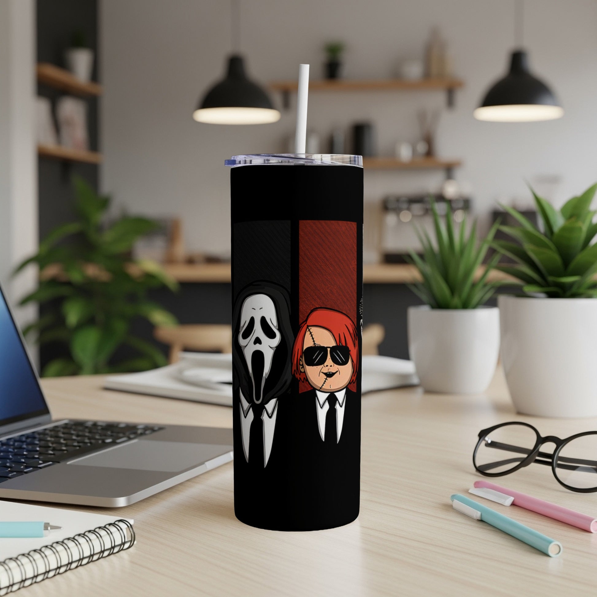 Tumbler featuring cartoon Ghostface and Chucky in suits.