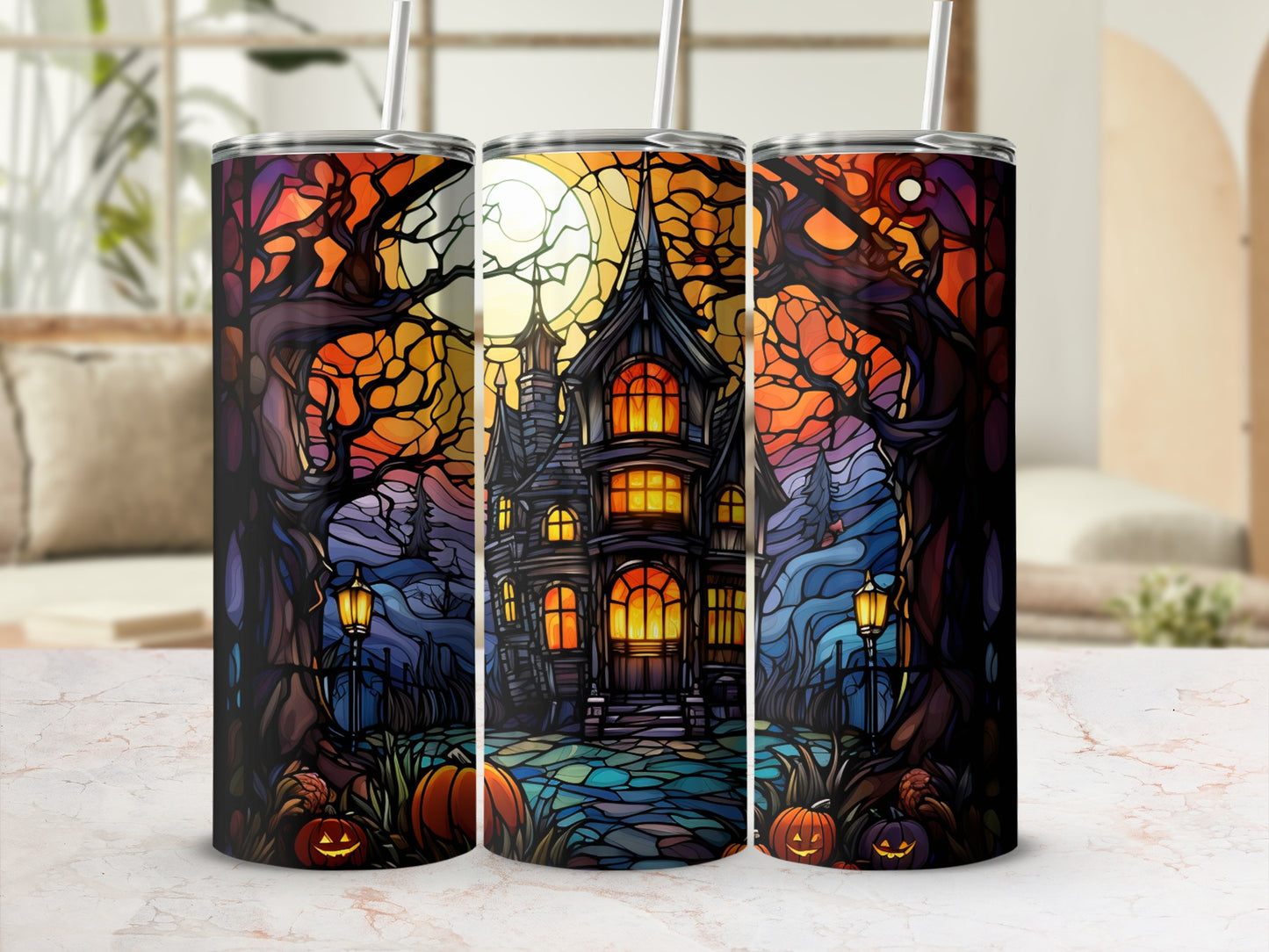 Haunted house with pumpkins and stained glass, under a full moon.