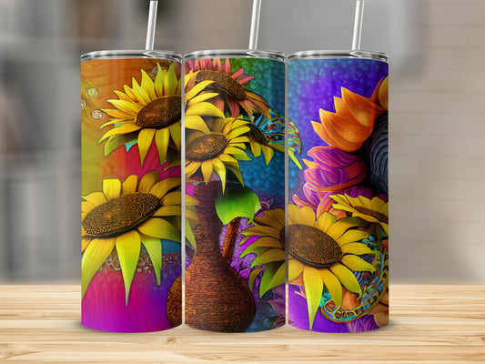 Three tumblers with sunflower designs and colorful backgrounds on a wooden surface.