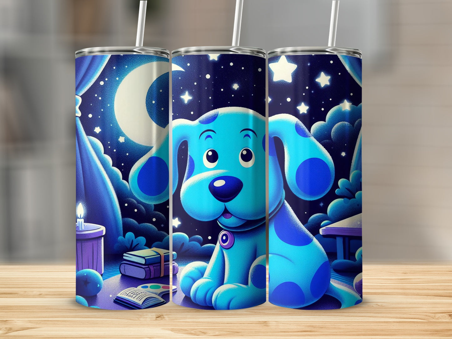 Cute Blue Cartoon Dog with Stars Stainless Steel Tumbler