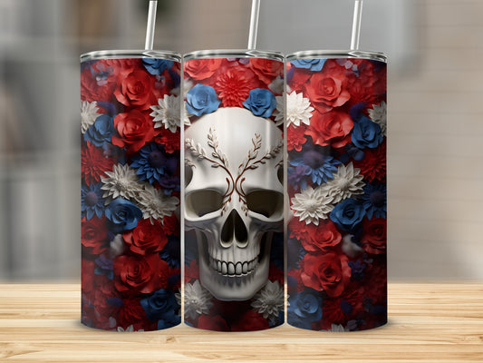 Skull with floral wreath on patriotic red, white, and blue tumbler.
