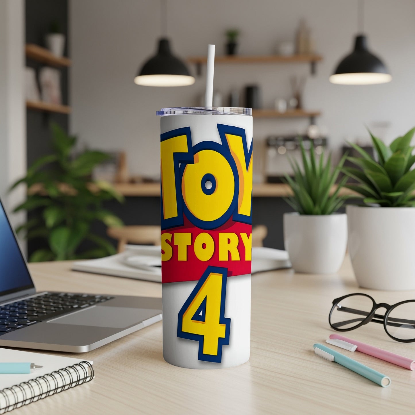 Toy Story 4 logo on a white tumbler with a straw.