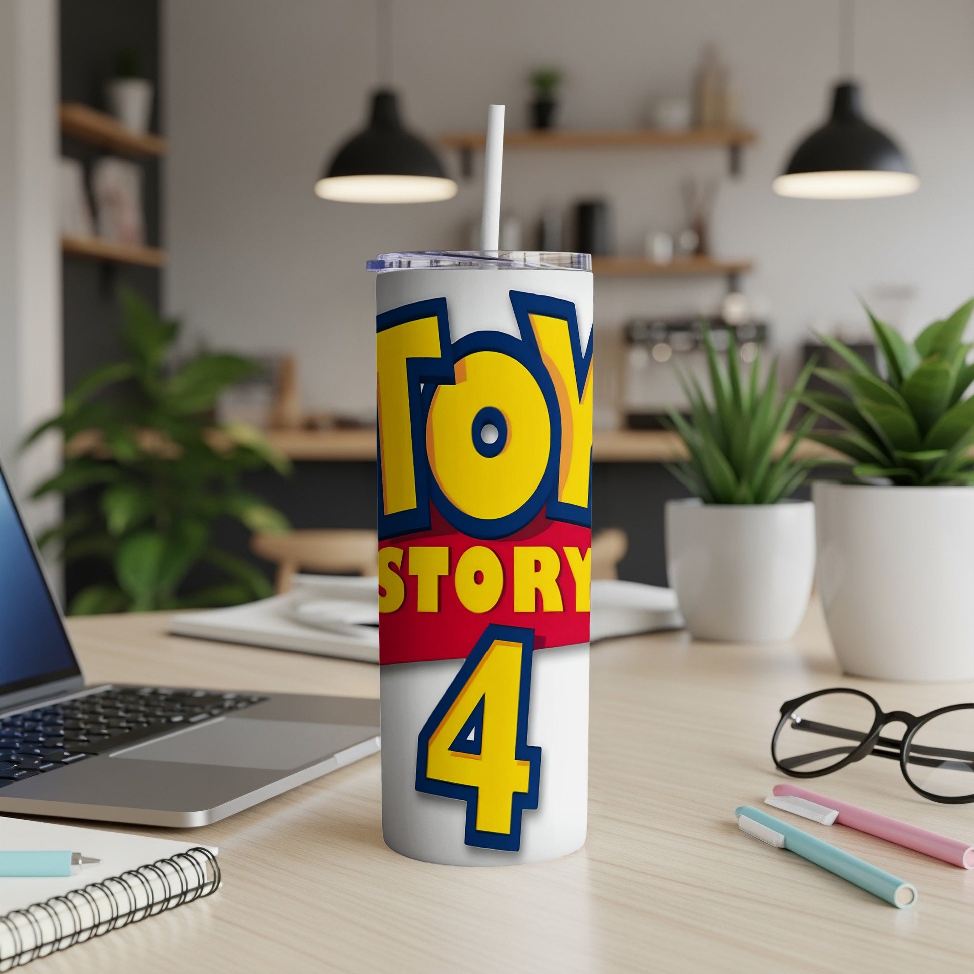 Toy Story 4 logo on a white tumbler with a straw.
