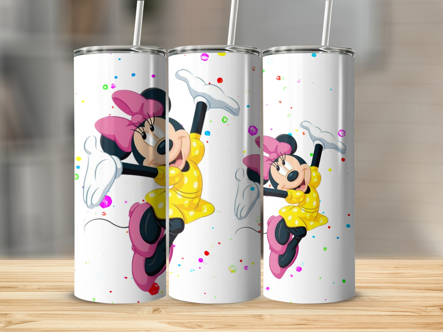 Cheerful Minnie Mouse Dancing Tumbler with Colorful Dots