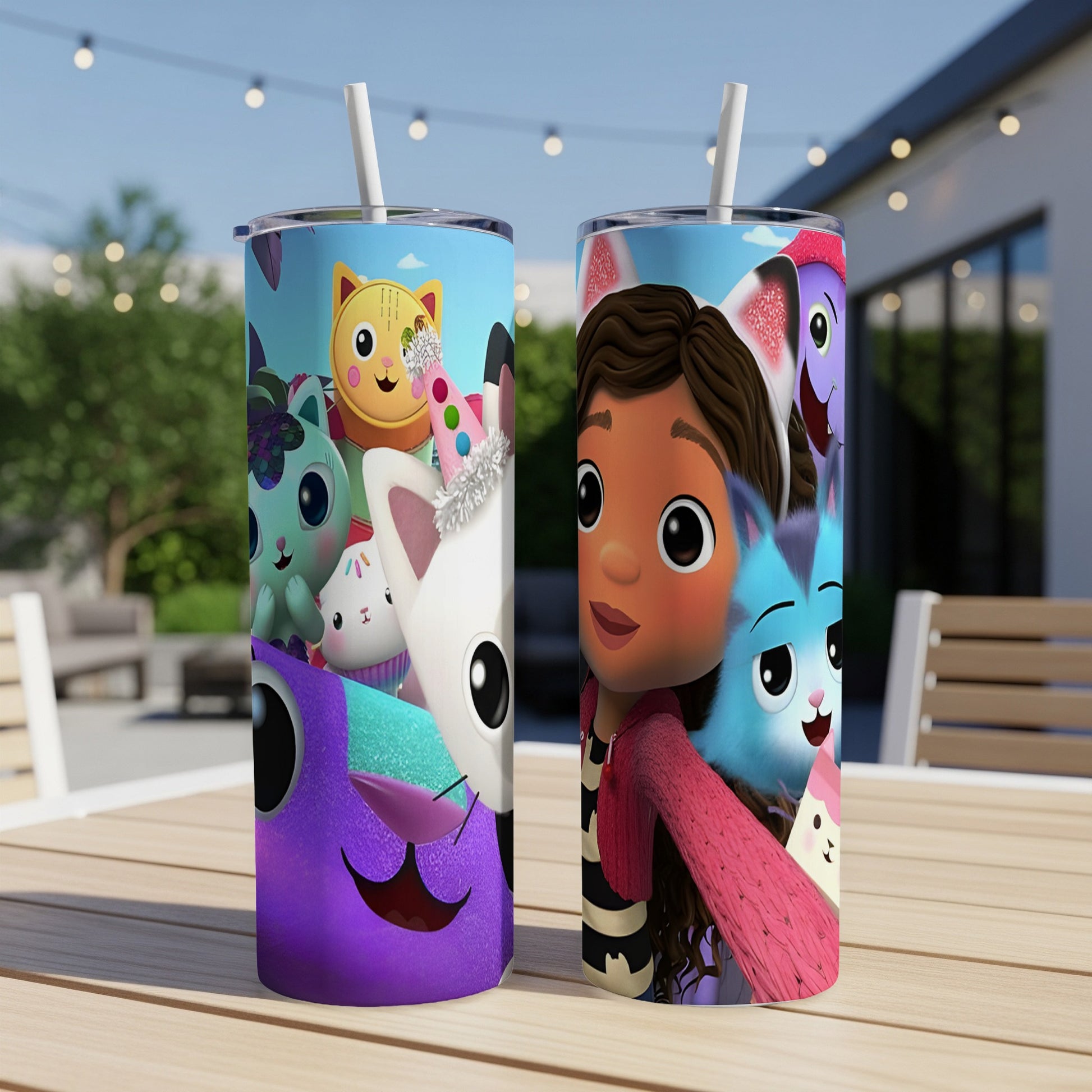 Gabby's Dollhouse Gabby and Pandy Paws on a colorful tumbler.