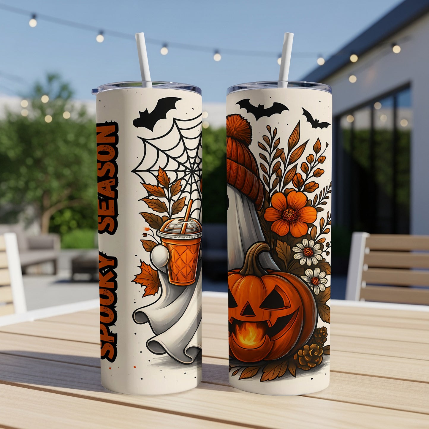 Two Halloween-themed tumblers with bats, a ghost, a pumpkin, and flowers, one with "Spooky Season" text.