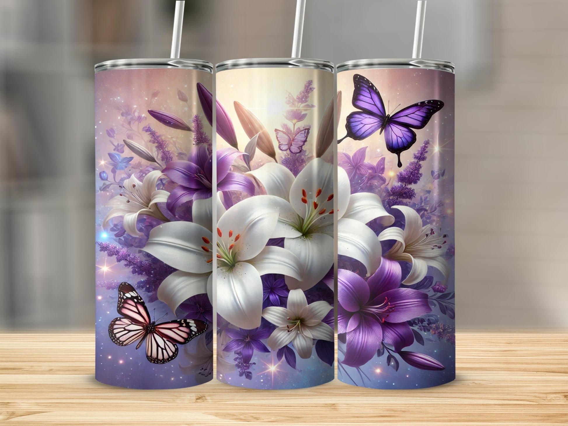 Purple and White Flower and Butterfly Design Tumbler