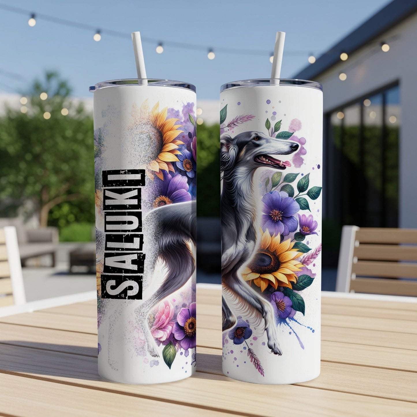 Saluki dog with floral accents on a white tumbler.